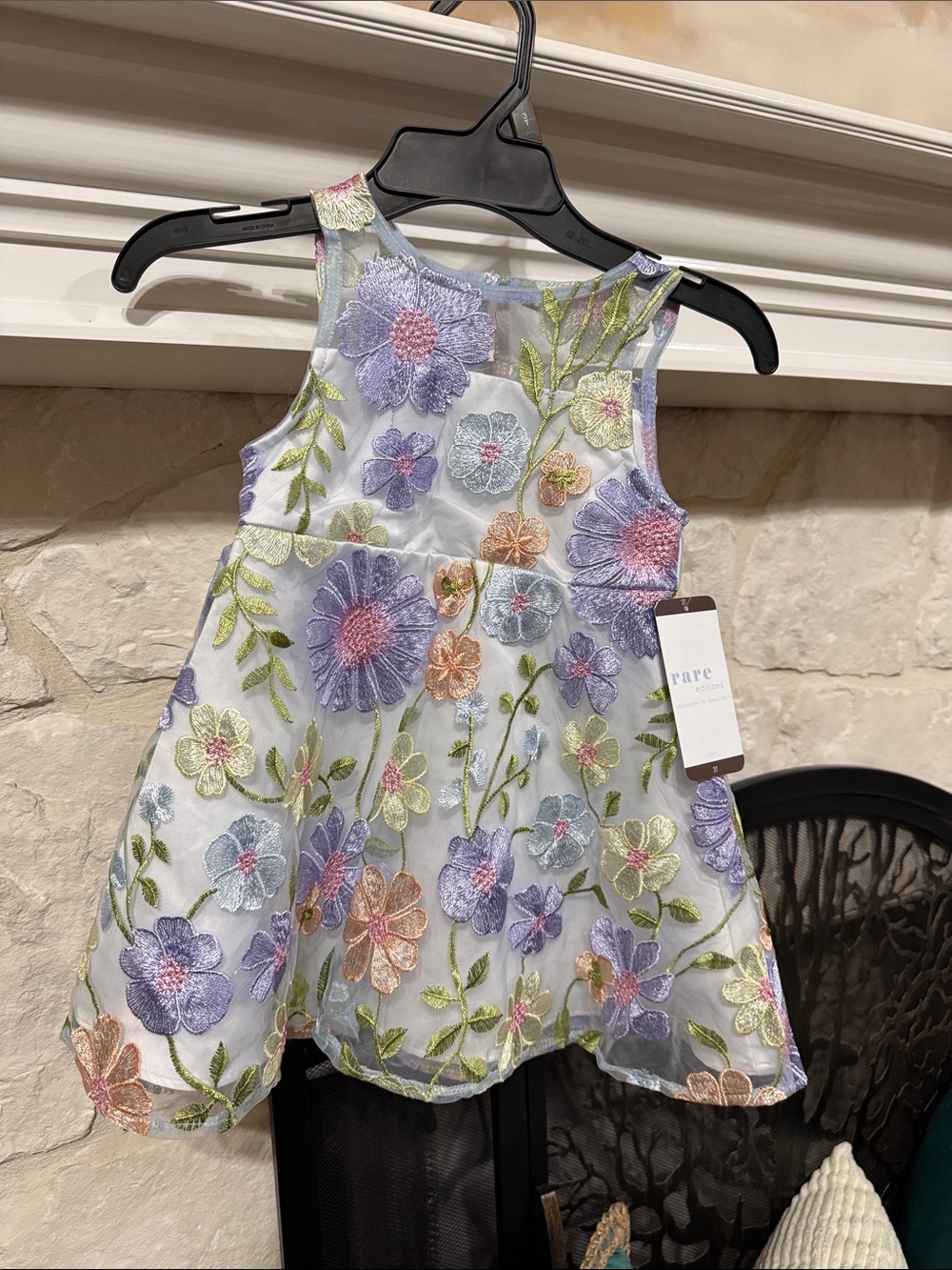 Rare Editions Sheer Mesh Dress with Pastel Floral Embroidery